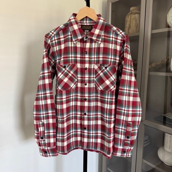 Iron Heart Red Ultra Heavy Flannel Crazy Check Work Shirt M NEW 12oz Long Sleeve - Picture 1 of 6
